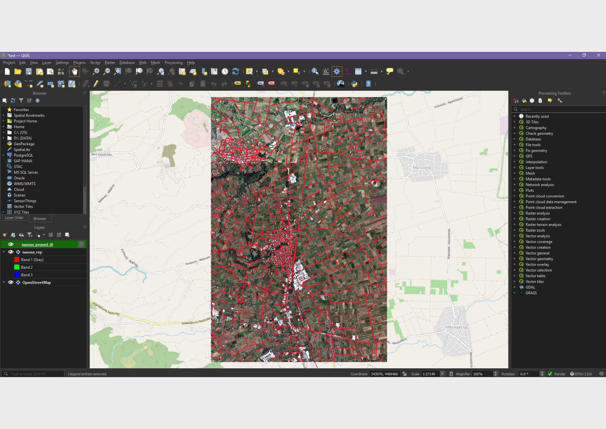 QGIS view of the shapefile of the road network
